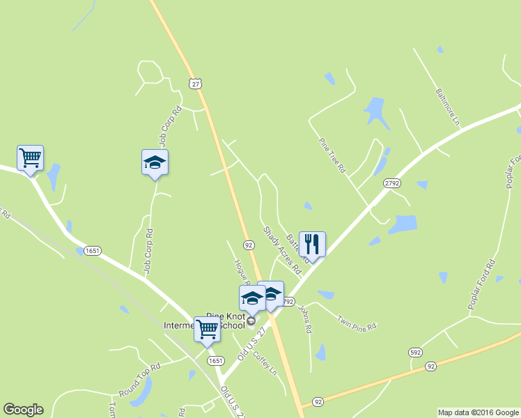 map of restaurants, bars, coffee shops, grocery stores, and more near Shady Acres Road in Pine Knot