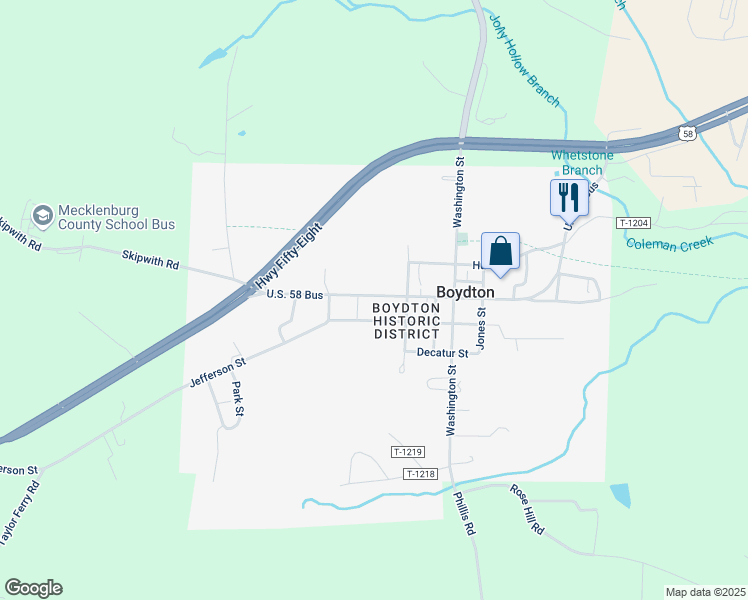 map of restaurants, bars, coffee shops, grocery stores, and more near 288 U.S. 58 Bus in Boydton