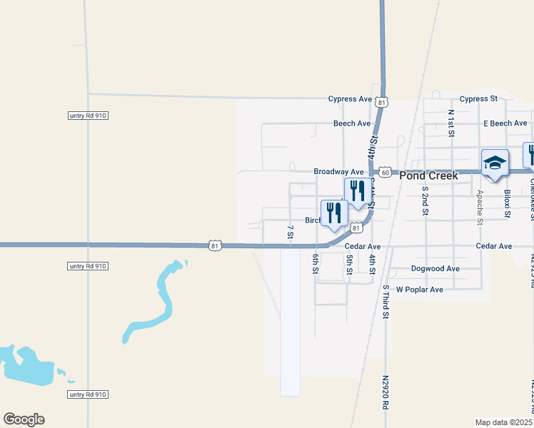 map of restaurants, bars, coffee shops, grocery stores, and more near 730 West Birch Drive in Pond Creek