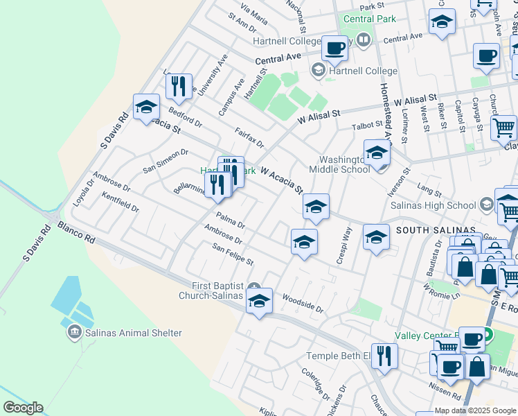 map of restaurants, bars, coffee shops, grocery stores, and more near 646 Carmelita Drive in Salinas