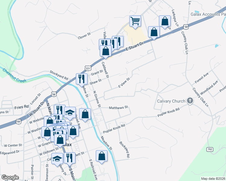 map of restaurants, bars, coffee shops, grocery stores, and more near E View St in Galax