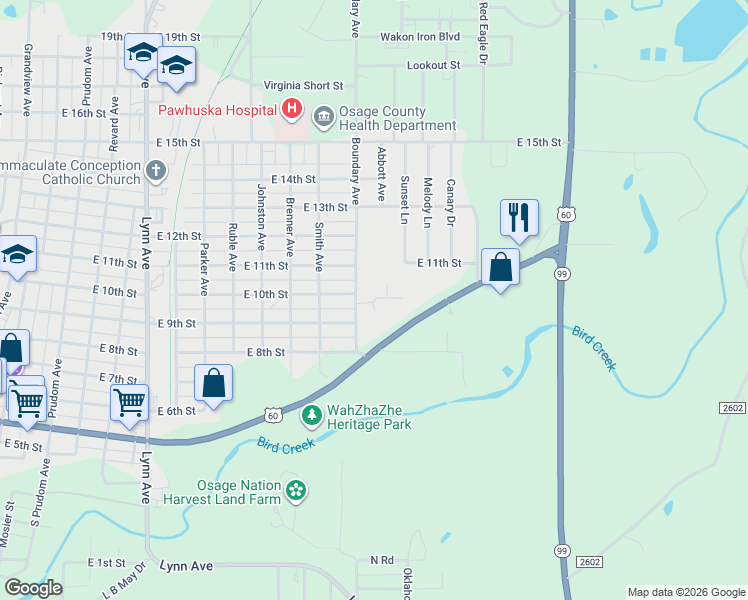 map of restaurants, bars, coffee shops, grocery stores, and more near 1002 Boundary Avenue in Pawhuska