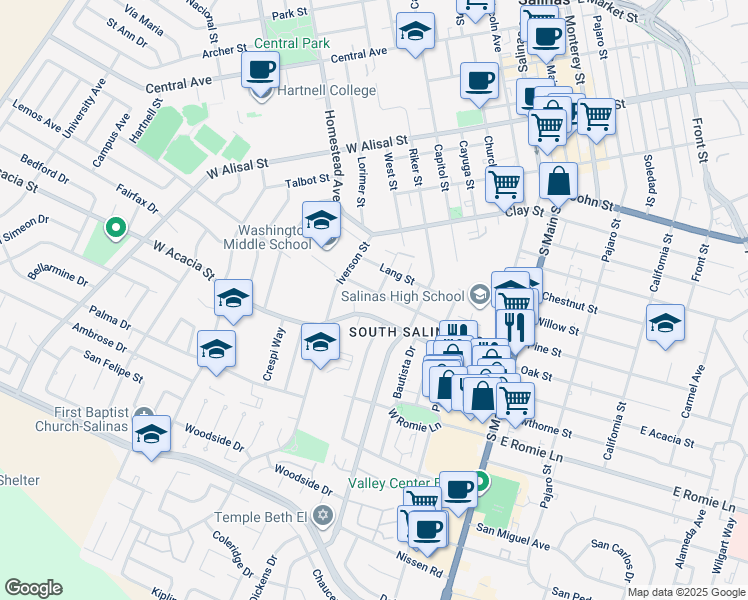 map of restaurants, bars, coffee shops, grocery stores, and more near 309 Geil Street in Salinas