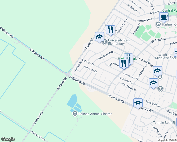 map of restaurants, bars, coffee shops, grocery stores, and more near 1105 Palo Alto Way in Salinas