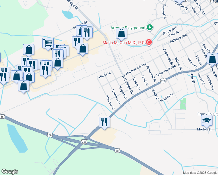 map of restaurants, bars, coffee shops, grocery stores, and more near 312 Harrison Street in Franklin