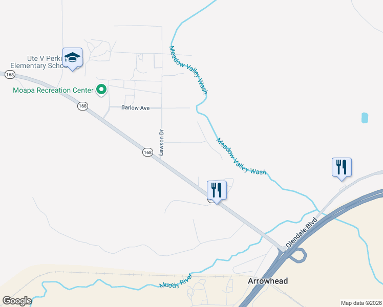 map of restaurants, bars, coffee shops, grocery stores, and more near 1745 Meadow Street in Moapa Valley
