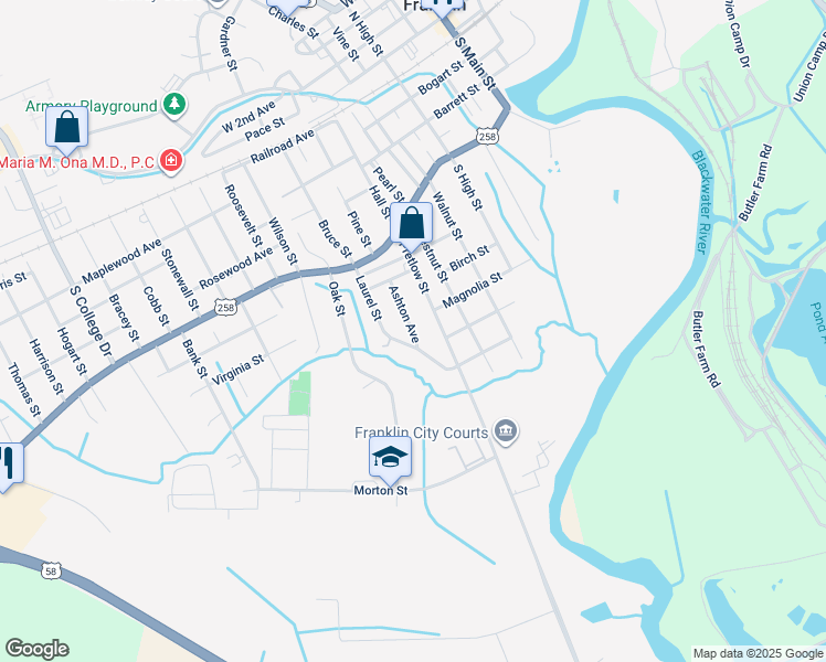 map of restaurants, bars, coffee shops, grocery stores, and more near 574 Ashton Avenue in Franklin