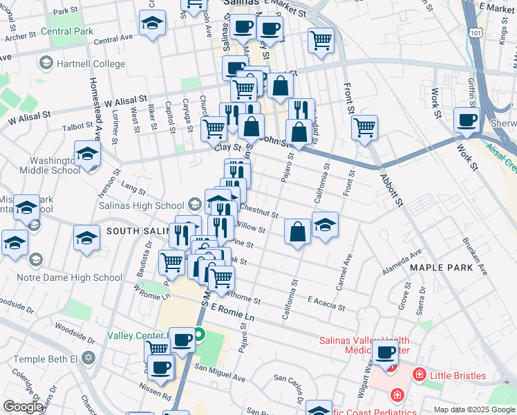 map of restaurants, bars, coffee shops, grocery stores, and more near 31 Chestnut Street in Salinas