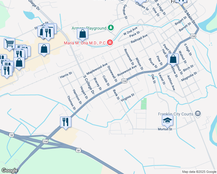 map of restaurants, bars, coffee shops, grocery stores, and more near 1600 South Street in Franklin