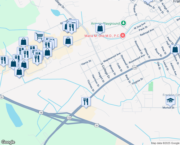 map of restaurants, bars, coffee shops, grocery stores, and more near 312 Harrison Street in Franklin