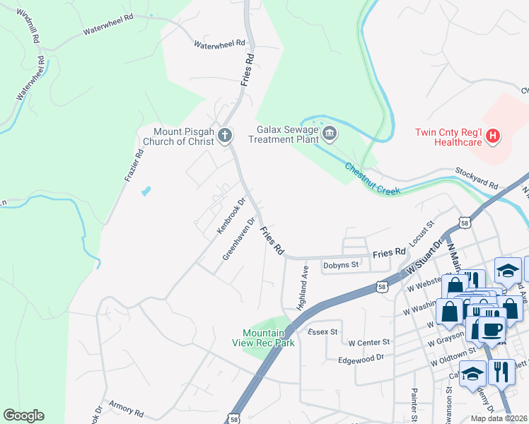 map of restaurants, bars, coffee shops, grocery stores, and more near 101-125 Greenhaven Drive in Galax