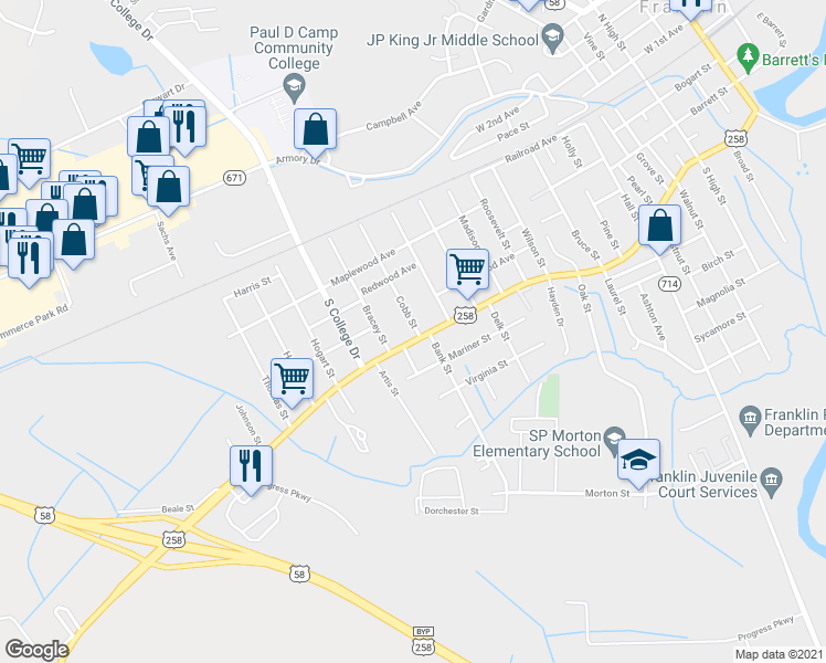 map of restaurants, bars, coffee shops, grocery stores, and more near 1600 South Street in Franklin