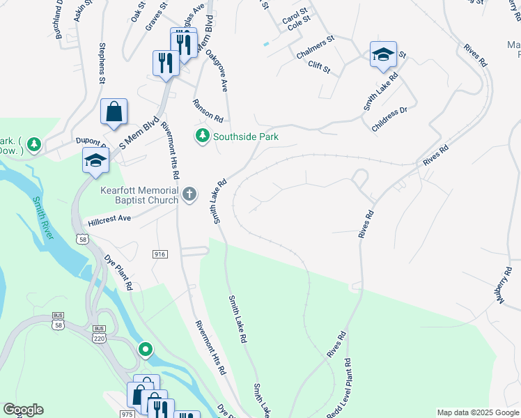 map of restaurants, bars, coffee shops, grocery stores, and more near 101 Elder Court in Martinsville