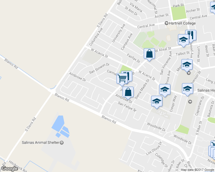 map of restaurants, bars, coffee shops, grocery stores, and more near 729 Palma Drive in Salinas
