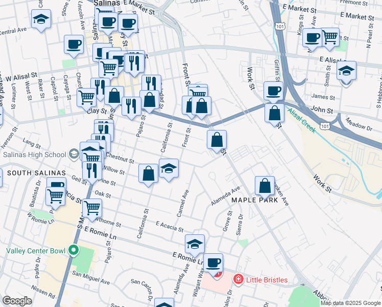 map of restaurants, bars, coffee shops, grocery stores, and more near 248 Harvest Street in Salinas