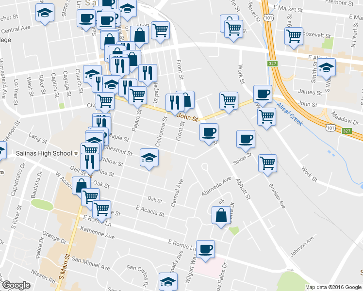 map of restaurants, bars, coffee shops, grocery stores, and more near 248 Harvest Street in Salinas