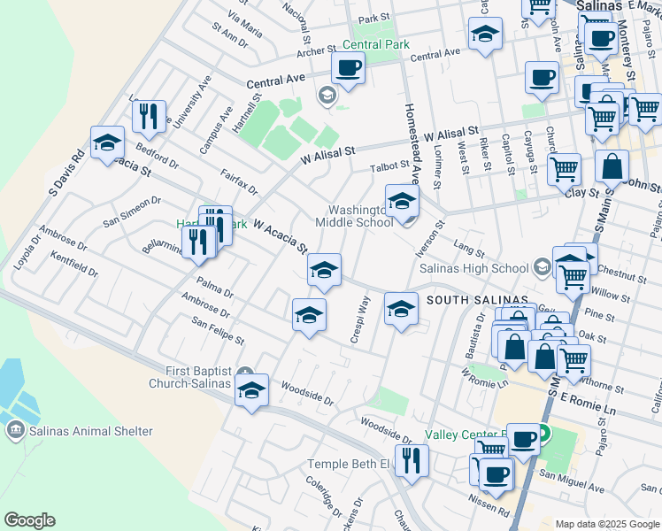 map of restaurants, bars, coffee shops, grocery stores, and more near 420 West Acacia Street in Salinas