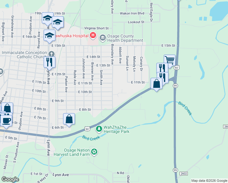 map of restaurants, bars, coffee shops, grocery stores, and more near 1002 Boundary Avenue in Pawhuska
