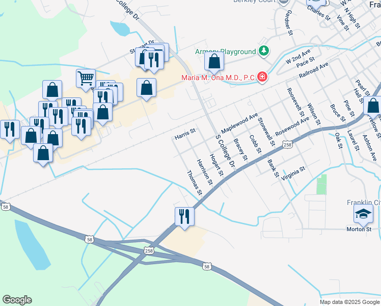 map of restaurants, bars, coffee shops, grocery stores, and more near 300 Harrison Street in Franklin