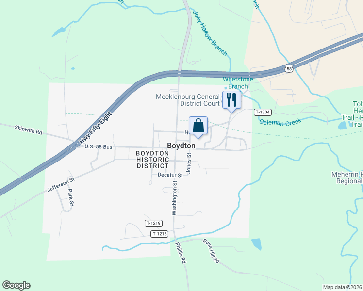 map of restaurants, bars, coffee shops, grocery stores, and more near in Boydton