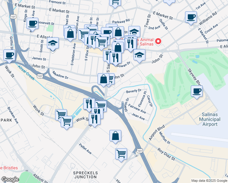 map of restaurants, bars, coffee shops, grocery stores, and more near 325 South Sanborn Road in Salinas