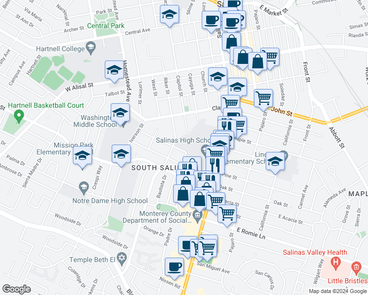 map of restaurants, bars, coffee shops, grocery stores, and more near 566 Capitol Street in Salinas