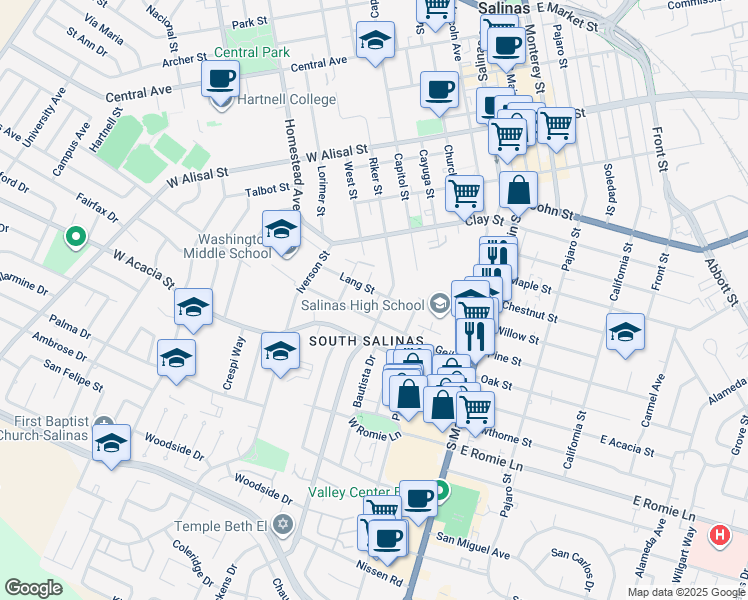 map of restaurants, bars, coffee shops, grocery stores, and more near 603 Riker Street in Salinas