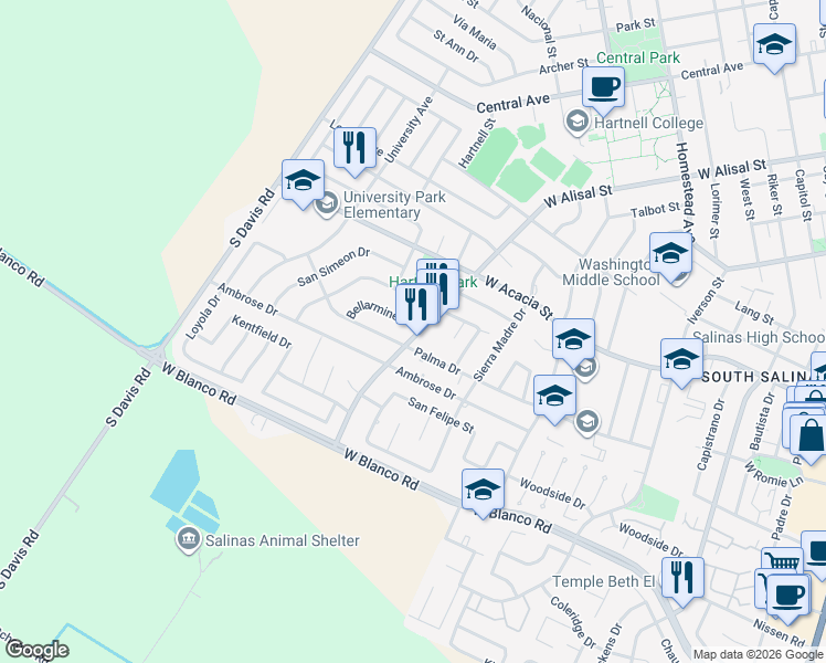 map of restaurants, bars, coffee shops, grocery stores, and more near 976 West Alisal Street in Salinas
