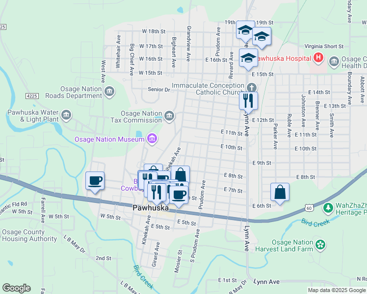 map of restaurants, bars, coffee shops, grocery stores, and more near in Pawhuska