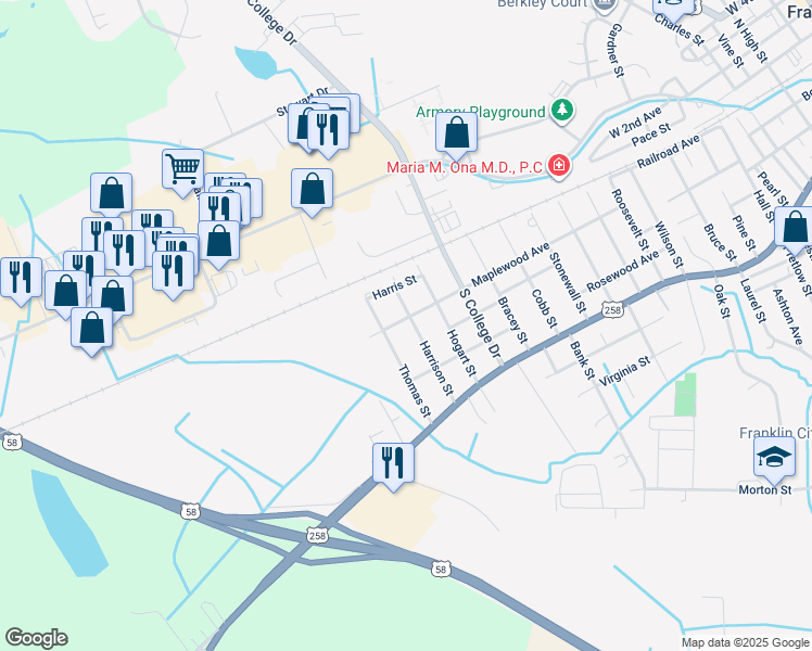 map of restaurants, bars, coffee shops, grocery stores, and more near 300 Harrison Street in Franklin