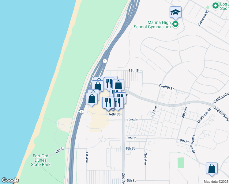 map of restaurants, bars, coffee shops, grocery stores, and more near 133 General Stilwell Drive in Marina