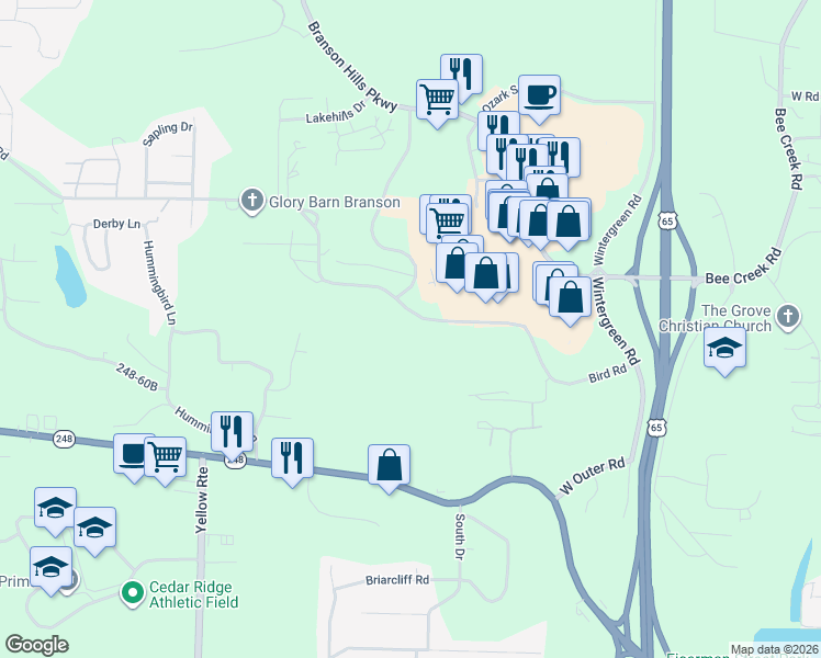 map of restaurants, bars, coffee shops, grocery stores, and more near 675-821 Bird Road in Branson