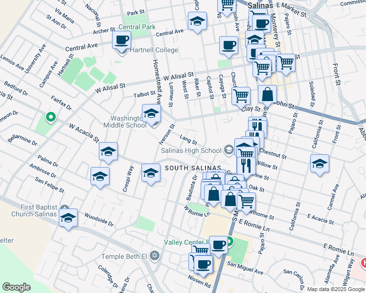 map of restaurants, bars, coffee shops, grocery stores, and more near 236 Geil Street in Salinas