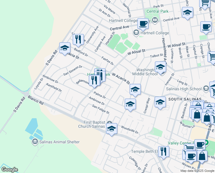 map of restaurants, bars, coffee shops, grocery stores, and more near 646 Carmelita Drive in Salinas