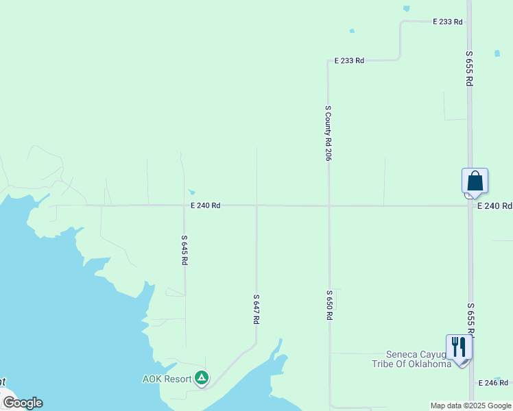 map of restaurants, bars, coffee shops, grocery stores, and more near 24001 South 647 Road in Grove