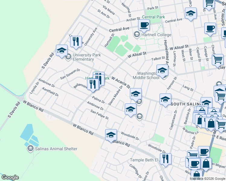 map of restaurants, bars, coffee shops, grocery stores, and more near 646 Carmelita Drive in Salinas