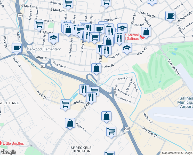 map of restaurants, bars, coffee shops, grocery stores, and more near South Sanborn Road in Salinas