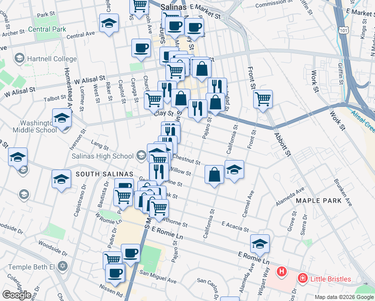 map of restaurants, bars, coffee shops, grocery stores, and more near 31 Chestnut Street in Salinas