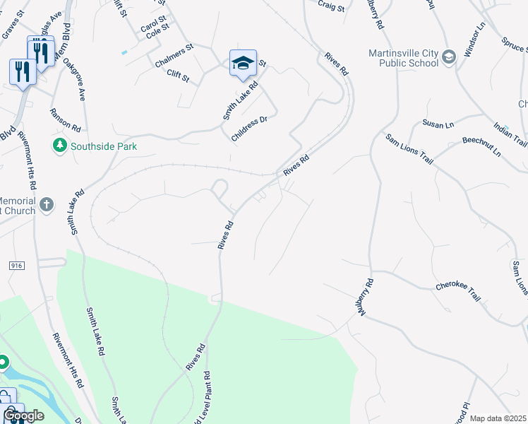 map of restaurants, bars, coffee shops, grocery stores, and more near 1105-1199 Drewry Road in Martinsville