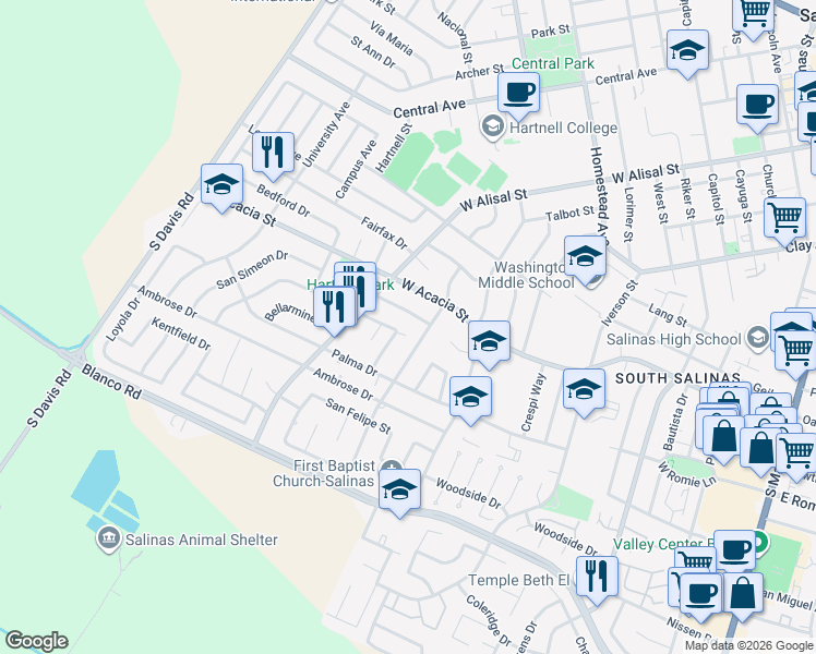 map of restaurants, bars, coffee shops, grocery stores, and more near 664 Carmelita Drive in Salinas