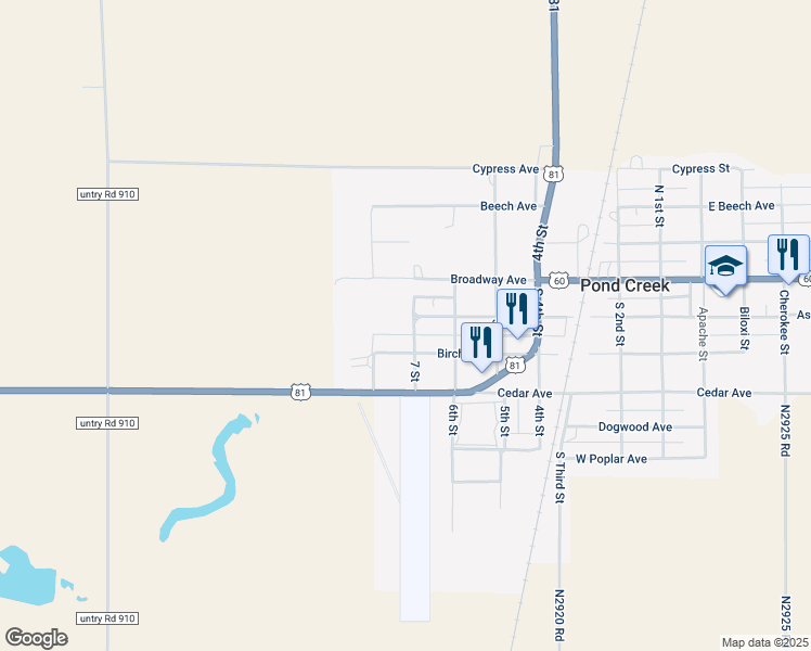 map of restaurants, bars, coffee shops, grocery stores, and more near 730 West Birch Drive in Pond Creek