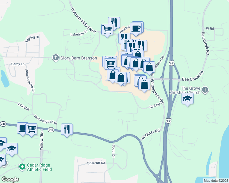 map of restaurants, bars, coffee shops, grocery stores, and more near 675 Bird Road in Branson