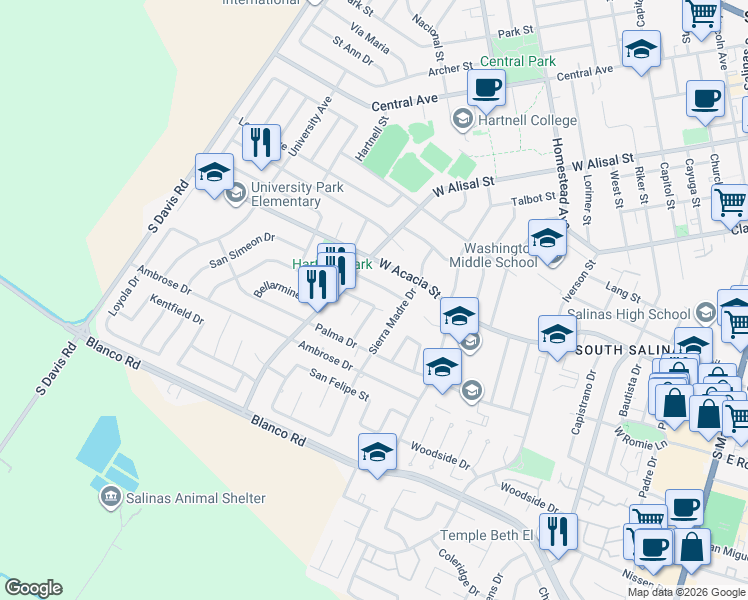 map of restaurants, bars, coffee shops, grocery stores, and more near 646 Carmelita Drive in Salinas