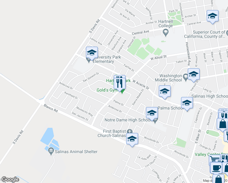 map of restaurants, bars, coffee shops, grocery stores, and more near 976 West Alisal Street in Salinas