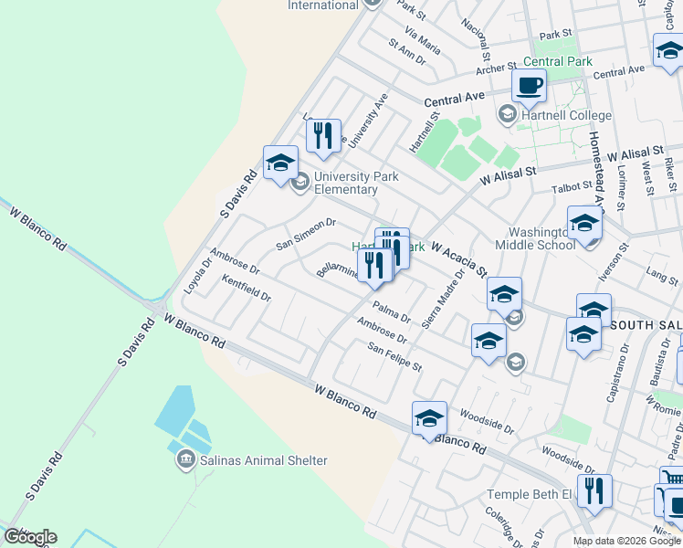 map of restaurants, bars, coffee shops, grocery stores, and more near 729 Palma Drive in Salinas