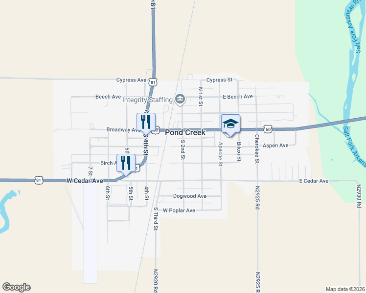 map of restaurants, bars, coffee shops, grocery stores, and more near South 2nd Street in Pond Creek