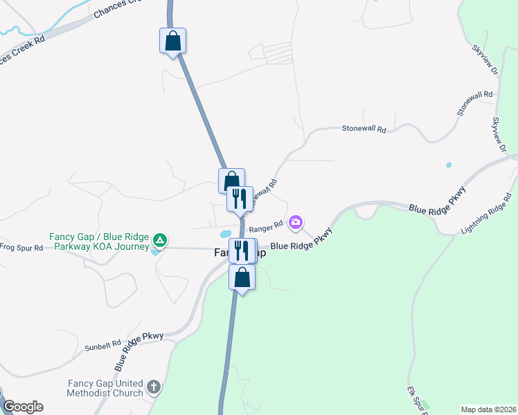 map of restaurants, bars, coffee shops, grocery stores, and more near 63-267 Ranger Road in Fancy Gap
