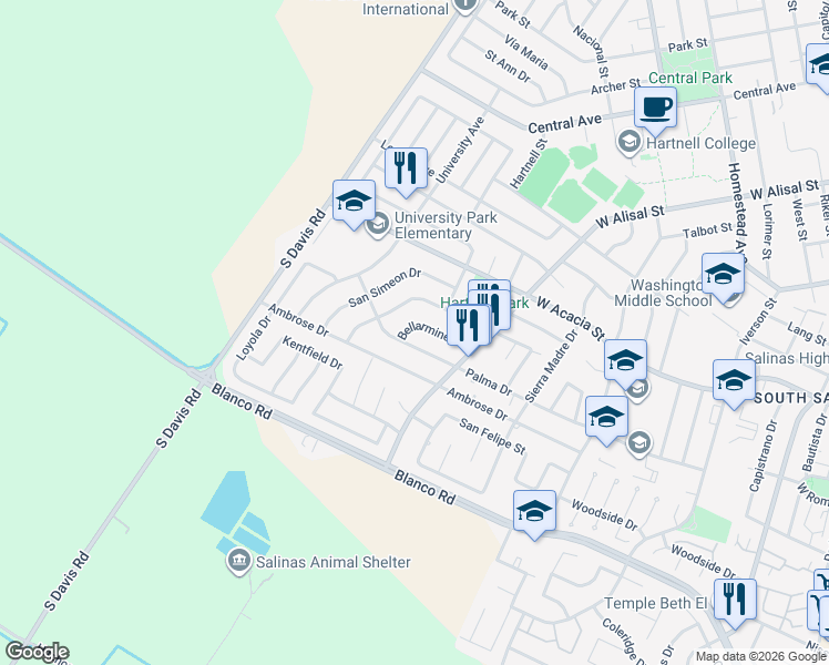 map of restaurants, bars, coffee shops, grocery stores, and more near 873 Carmelita Drive in Salinas