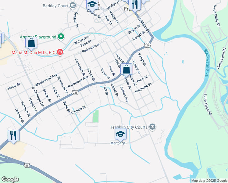 map of restaurants, bars, coffee shops, grocery stores, and more near 551 Ashton Avenue in Franklin