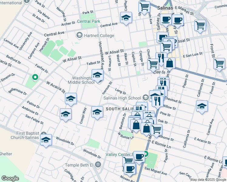 map of restaurants, bars, coffee shops, grocery stores, and more near 315 Lang Street in Salinas